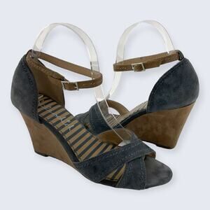 Splendid Dallas Gray & Brown Suede Buckle Ankle Strap 3.5" Wedge Sandal 7.5